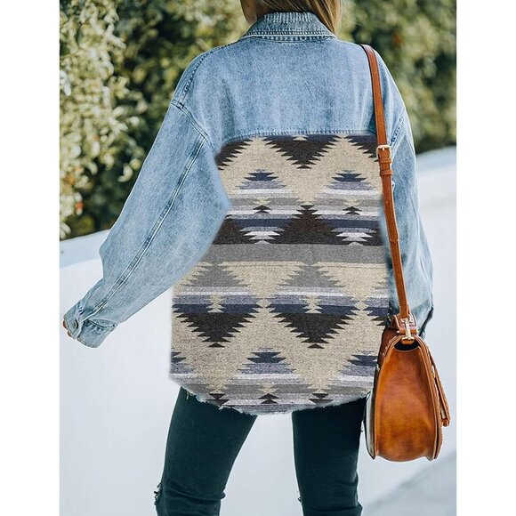 Women's Aztec Denim Jacket Distressed Long Sleeve Button Down Shacket - Picture 5 of 7